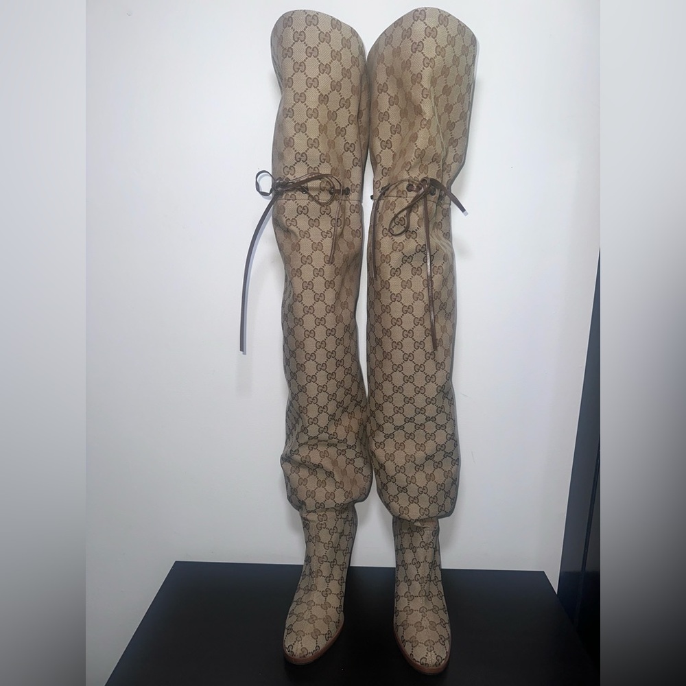 Gucci Tan Monogram Over-the-Knee Boots